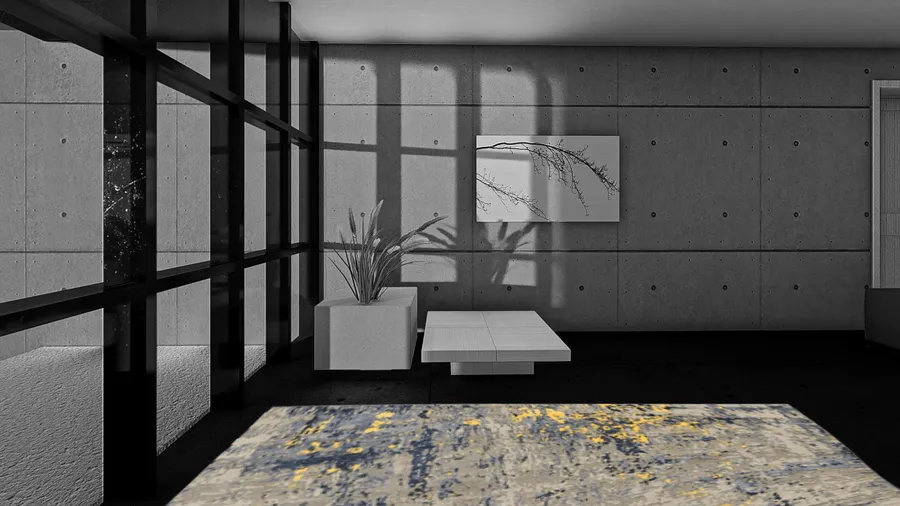 Interior render of a concrete-panelled living room with window shadows and a blue-and-gold rug.