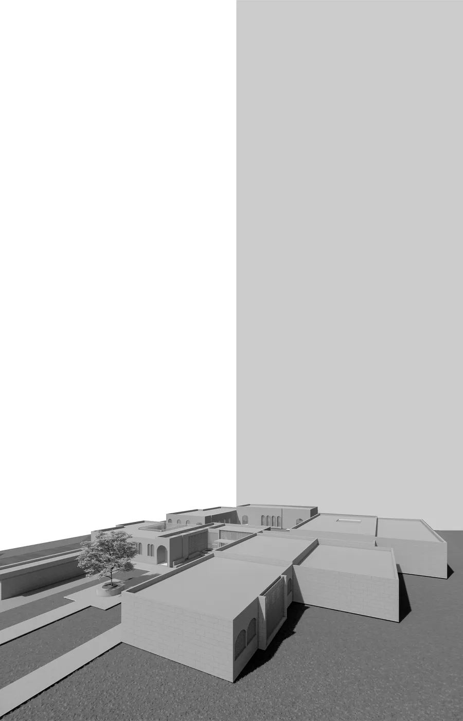 Aerial monochrome render of the community centre’s low stone volumes around a tree-lined court.