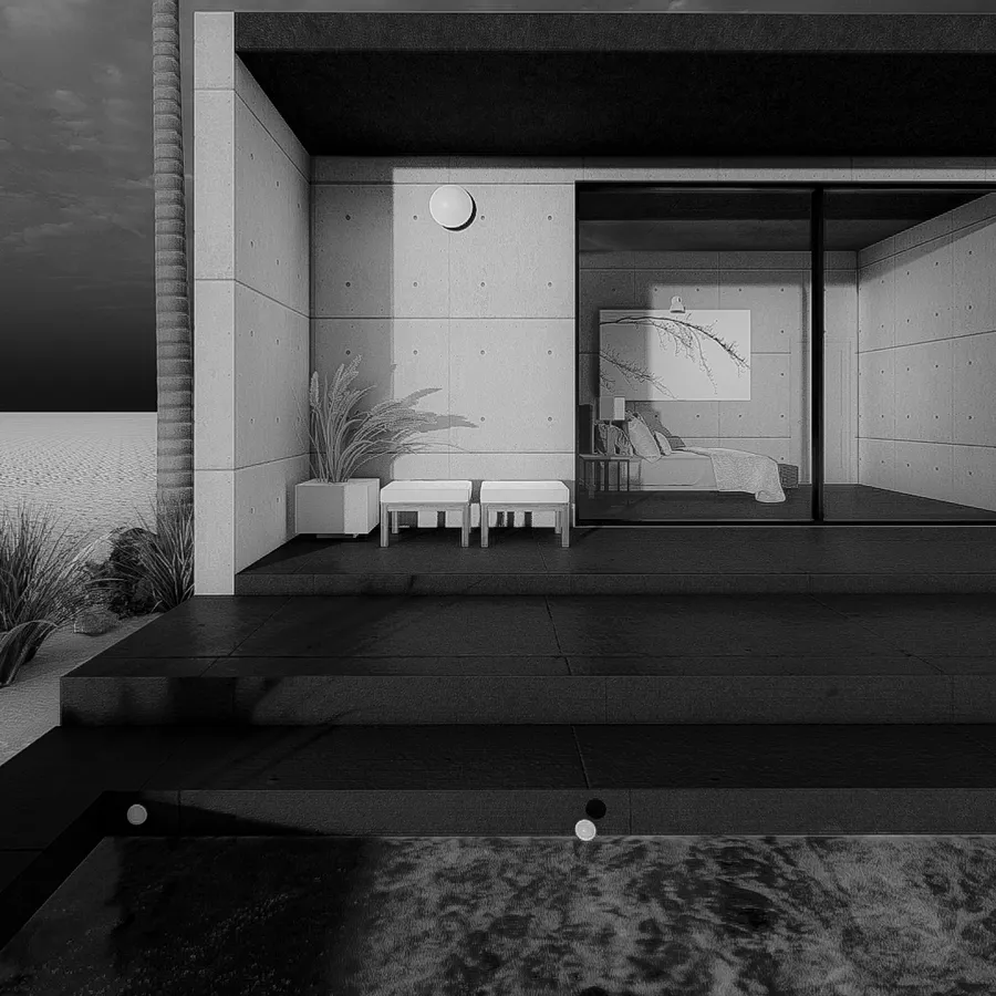 Monochrome render of a concrete veranda with stools, a planter and a glazed bedroom beyond.