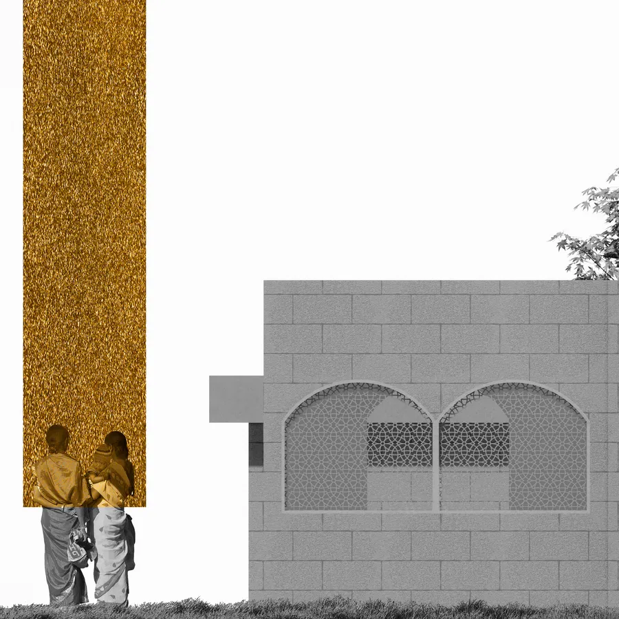 Elevation collage of the community centre, with a gold-textured column beside a stone-block facade and arched jali screens.