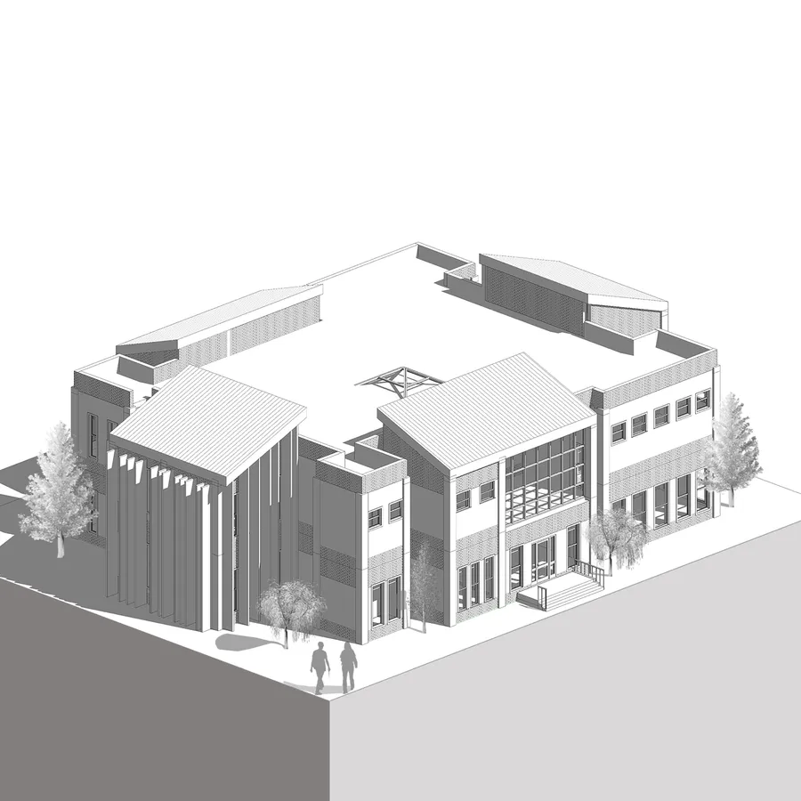 Monochrome isometric of the library block with people walking toward the entrance.