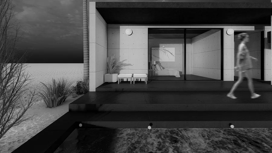 Monochrome render of a concrete veranda at dusk with a figure walking past a glazed bedroom.