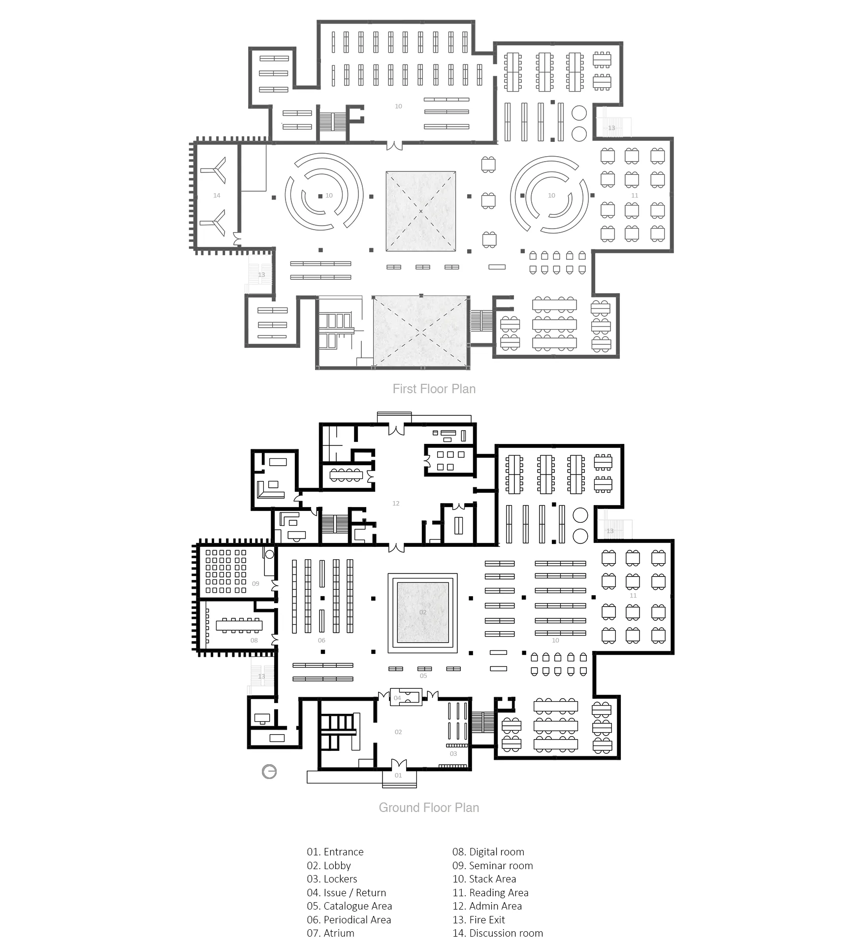 Ground and first floor plans with a numbered legend of the entrance, lobby, lockers, issue and return, catalogue, periodicals, atrium, digital room, seminar room, stacks, reading area, admin, fire exits and discussion room.