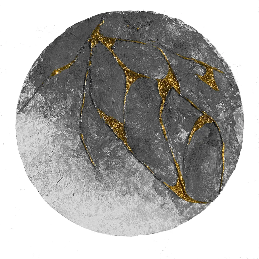 Circular textured mural in grey with gold-leaf veins tracing leaf-like forms.
