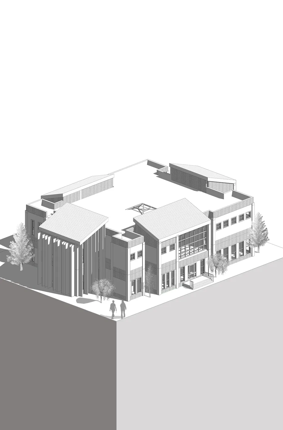 Isometric line render of the library block with trees and two figures.