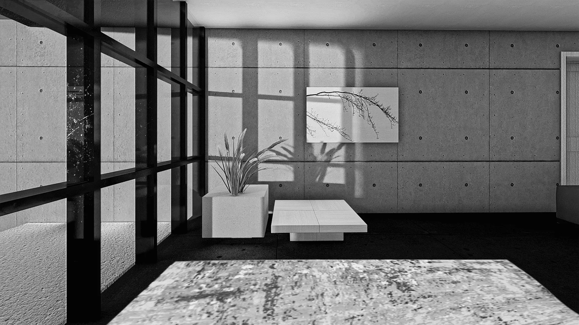 Render of the living area with concrete walls and a low table.