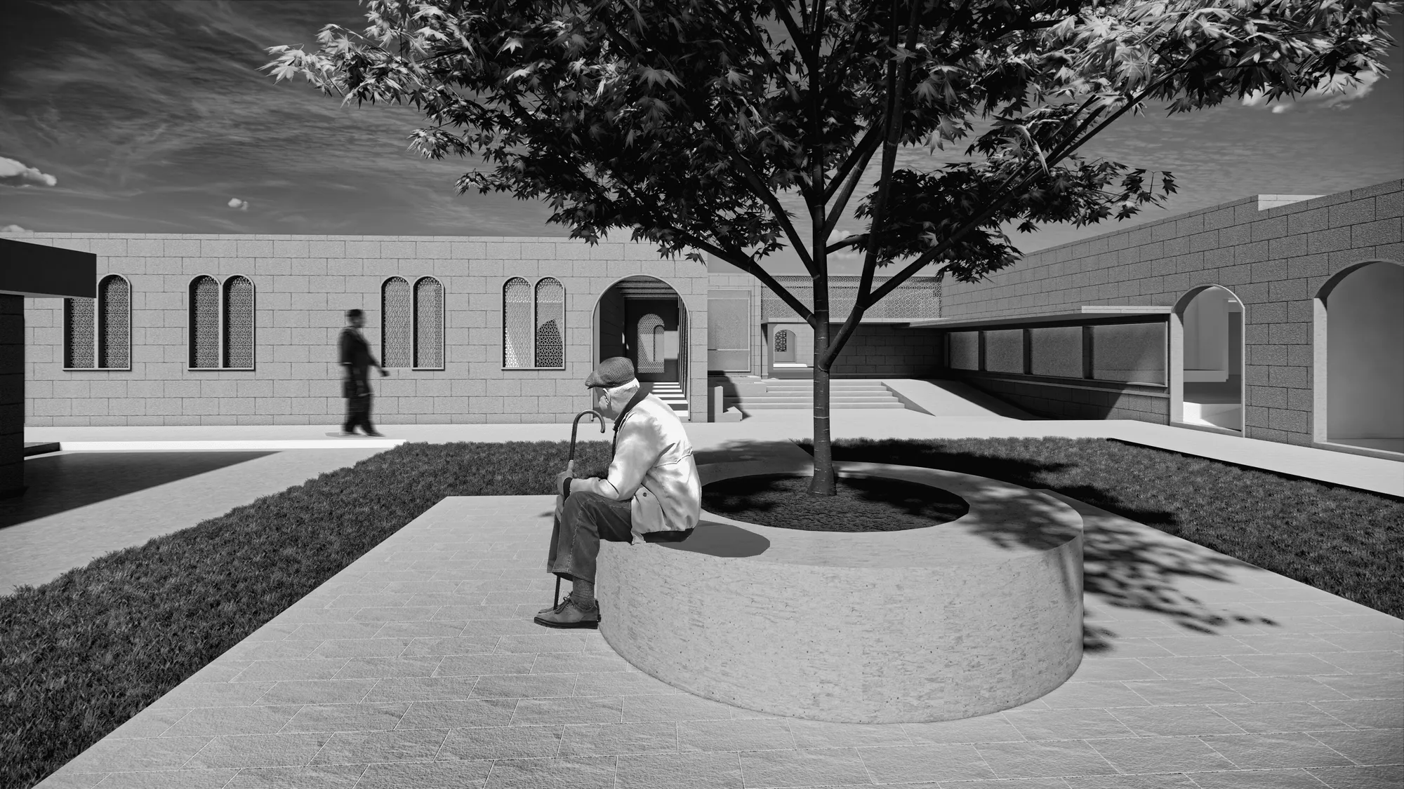 Render of the community centre courtyard.