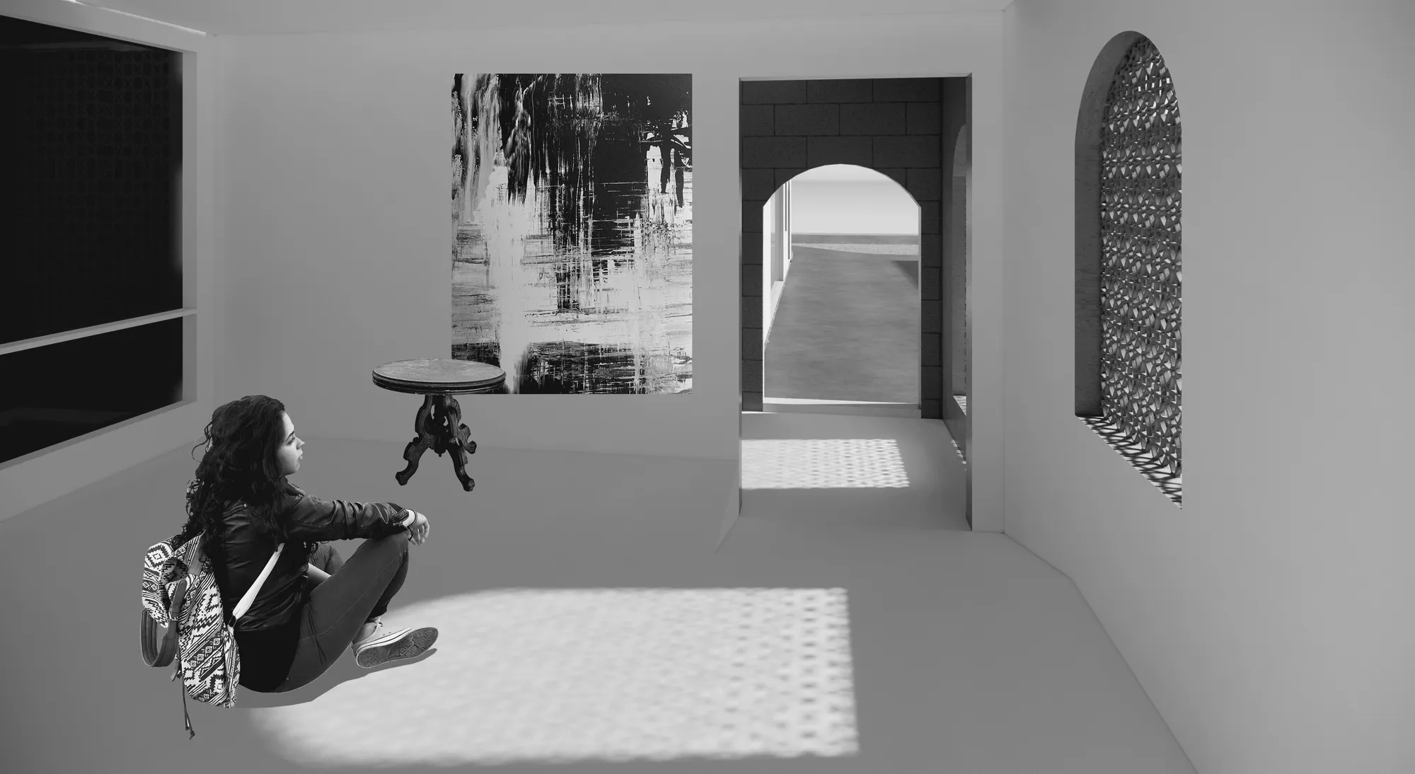 Render of a framed view through the community centre.