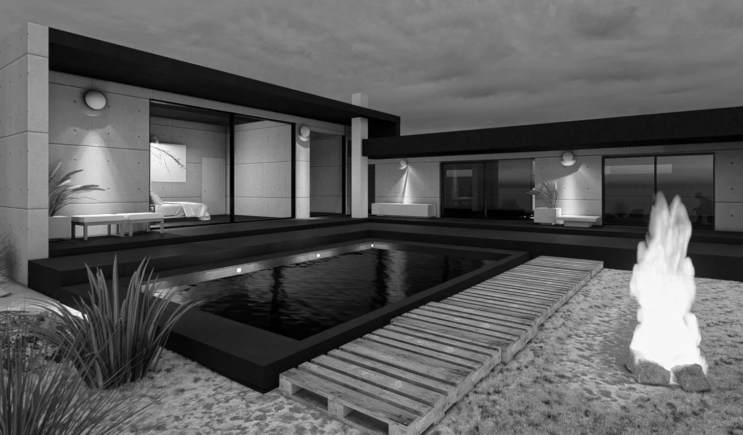 Night render of the homestead courtyard with a dark pool, timber pallet walkway and a fire pit.