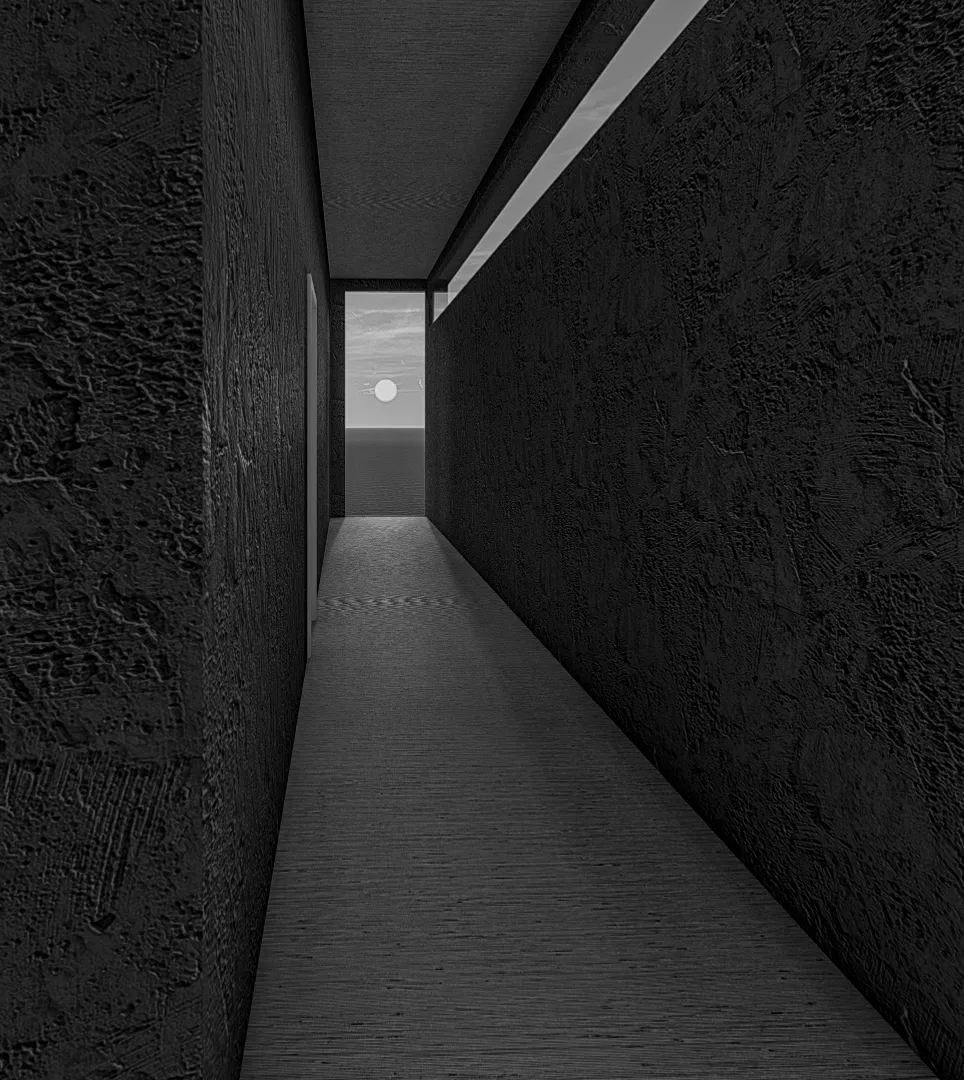 Dark textured corridor framing the sunset at its end.