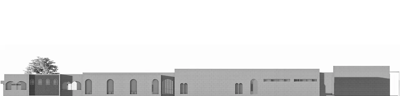 West elevation with jali screens.